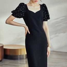Black Elegant Dres Patchwork Chiffon Slim Midi Office Lady Designer Casual Party Korean Female 210604