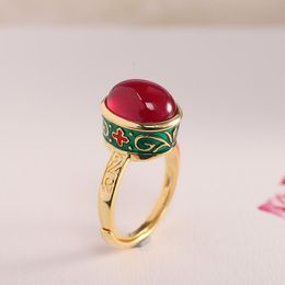 Cluster Rings S925 Sterling Silver Jewellery Ethnic Style Ladies Blue Enamel Inlaid Red Corundum Open Ring