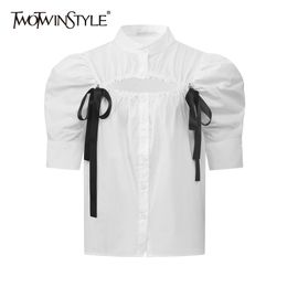 Hollow Out Short Blouse For Women Stand Collar Puff Sleeve Casual White Shirt Female Fashion Clothing Summer 210524