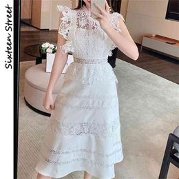 White Lace Embroidery Dresses Woman High Waist O-neck Short Sleeve Vestido Mujer Vintage Elegant Party Mid Dress Female 210603