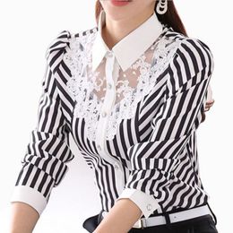 Women Blouse Long Sleeve Lace Tops Striped Turn-Down Collar Blouses Official Female Formal Shirt Spring Autumn