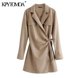 Women Chic Fashion Faux Leather Wrap Mini Dress Vintage Long Sleeve Drawstring Tie Waist Female Dresses Mujer 210416