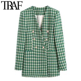 TRAF Women Fashion Double Breasted Tweed Blazer Coat Vintage Long Sleeve Welt Pockets Female Outerwear Chic Veste Femme 211019