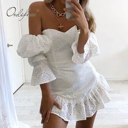 Summer Women Off Shoulder Party Strapless Ruffle Vintage Vacation Beach Embroidery White Mini Dress 210415