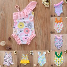 Malapina Toddler Girls One-piece Swimsuit Set Children Watercolour Floral Print Off-shoulder Kids Swimwear Summer Beach Clothes