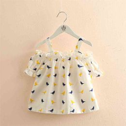 여름 2 3 4 6 8 10 년 디자인 셔츠 어린이 스트라이프 숄더 탑 strapless 짧은 소매 귀여운 아이 소녀 블라우스 210625