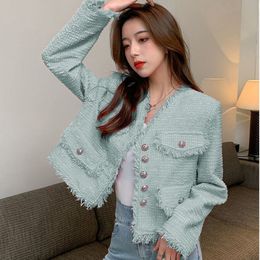 Spring Vintage Women Jackets Single-Breasted Pink Tweed Coat Elegant Fashion V-Neck Long Sleeve Tassel Outwear Femme