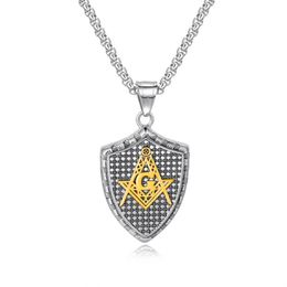masonic pendant necklace NZ - Pendant Necklaces Hip Hop Rock Stainless Steel Shield Freemason Masonic For Men Jewelry Gold Sivler Black Color Drop
