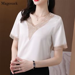 Plus Size V-neck Solid Silk Women's Shirt Short Sleeves Summer Embroidery Hollow Satin Blouses Tops Fashion Casual Shirts 13770 210512