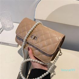 Designer-Solid Color Fashion Shoulder Handbags Female Travel CrossBody Bag Plaid Simulated Pearl Chain Small PU Leather Square product imgsi