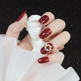 nails wedding UK - 24Pcs Fake Nails Art Press On False Nail Set Full Cover Artificial Dark Red Diamond Pearl Decorative Tips Wedding Po Tools