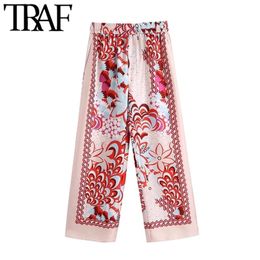 TRAF Women Chic Fashion Patchwork Floral Print Wide Leg Pants Vintage High Elastic Waist Female Ankle Trousers Mujer 210915