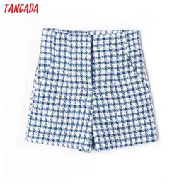 Women Elegant Blue Plaid Tweed High Waist Zipper Pockets Female Basic Casual Shorts Pantalones 6H25 210416