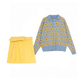 Women Yellow Corduroy Skirt Sash Turn Down Collar Knitted Pullover Sweater Floral Blue Two Pieces Set T0410 210514
