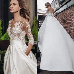 2022 Satin A Line Wedding Dress Boho Short Sleeves Bow Pocket Bridal Dresses Lace Appliques Wedding Gowns Custom Made Vestidos De Novia Illusion Back