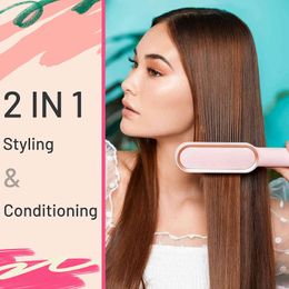 2 in 1 Ceramic Ionic Hair Straightener Heat Brush Anti-Scald Hot Comb For Straightening And Curling Hairdressing Salon