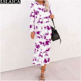 Autumn Dress Women Casual Floral Print Long Sleeve O Neck Ladies Maxi Fashion Loose Plus Size Beach Holiday Vestidos 210515
