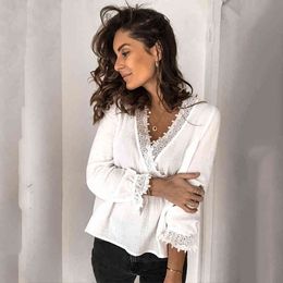 Casual Women Lace Blouse Shirt Plus Size Long Sleeve White Tops Shirt Spring Summer Work Office Ladies Blouses 210415