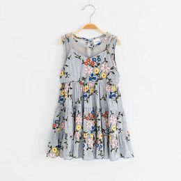 2020 Baby Girls Lace Dress Summer Sleeveless Floral Printed Children's Clothing Cute Girl Kids Clothes For Age 2-8, Grey/ Blue Q0716