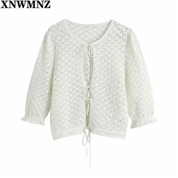 Women Hollow Out Bow Short Cardigan Vintage Jumper Lady Fashion Knitted Coat Female Tops Women's sweater 210520