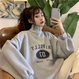 Women's sweatshirt spring autumn Korean loose BF all-match zipper stand-up collar plus velvet thick sweater female hoodies 210526