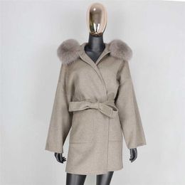 FURBELIEVE Cashmere Wool Blends Real Fur Coat Winter Jacket Women Natural Collar Outerwear Belt Streetwear Oversize 211110
