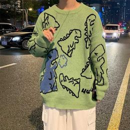 Spring and Autumn Dinosaur Cartoon Pattern Knitted Sweater Japanese Colour Couple Loose Round Neck Sweater men clothes 211008