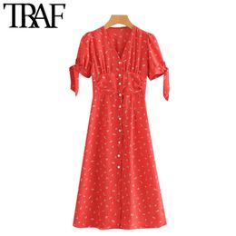 TRAF Women Chic Fashion Printed Button-up Midi Dress Vintage V Neck Bow Tied Sleeves Female Dresses Vestidos Mujer 210415