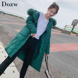 Winter Solid Parka Women Thick Hooded Mid Length Ladies Coats Pocket Long Sleeve Space Cotton Padded Abrigos Mujer Invierno 210414