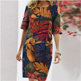Autumn Cotton Linen Dress Spring Button O-Neck Printing Knee Party Dress Women Long Sleeve Dresses Plus Size 4XL 210409
