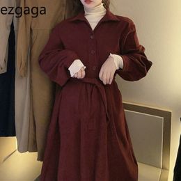 Ezgaga Lace Up Elegant Dress Women Autumn Winter Vintage Turn-Down Collar Slim Waist Solid Temperament Dress Vestidos Feminino 210430