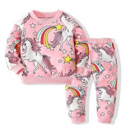 Toddler Unicorn Patterns 2pcs Clothes Set for Girls Cute Rainbow Knitted Cotton Printing Outfit Causal Spring Clothing 210529