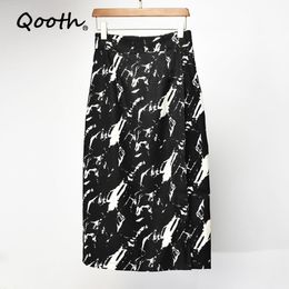 Qooth Printed Wave Pattern Mid-Length Skirt Retro Autumn Winter High-Waist Skirt Split Color Matching A-line Skirt QT623 210518