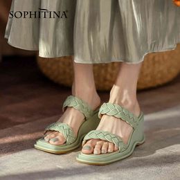 SOPHITINA Women Slippers Sweet Weave Flat Platform Outdoor Wedges Premium Leather Shoes Comfort All-Match Blue Lady Shoes AO845 210513