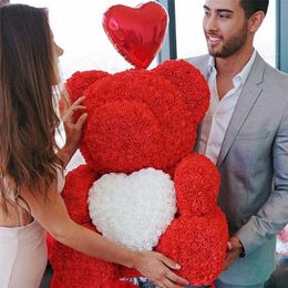 40cm Artificial Rose Heart Teddy Bear Handmade Bear of Roses For Women Valentine's Day Wedding Bithday Gift Drop 211108