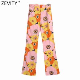Zevity Women Fashion Colour Match Floral Print Flare Pants Retro Female Chic Pockets Summer Long Trousers Pantalones Mujer P1099 211124