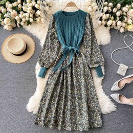 Corduroy Dress For Women 2021 Bandage Knitted Floral Vintage Dresses Versatile Autumn Elastic Loose Casual Vestidos Y1006