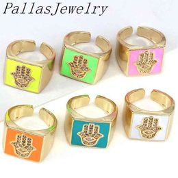 10Pcs ing Gold Color Cubic zirconia Pave Hand of Fatima Rings Jewelry Crystal Zircon Rainbow Enamel Ring