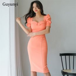 Plain Office Lady Dress Summer High Waist Tight Dress Fashion Square Collar Puff Sleeve Simple Party Elegant Dress Women 210331