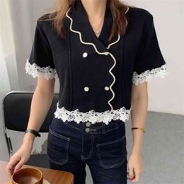 Fashion stitching contrast Colour lace trim knitted top women Korean version of summer French short ice silk thin sweater 210520