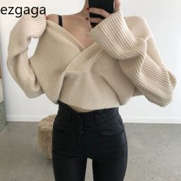 Ezgaga Women Sweater Pullover Autumn Winter Korean Chic Sexy Criss-Cross V-Neck Solid Loose Office Lady Knitwear Elegant 210430