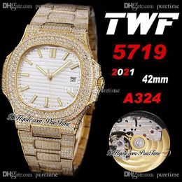2021 TWF 5719 Cal A324 Automatic Mens Watch 18K Yellow Gold Paved Diamonds White Texture Dial Iced Out Diamond Bracelet Super Edition Jewellery Watches Puretime D04