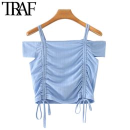 TRAF Women Fashion With Tie Pleated Cropped Blouses Vintage Slash Neck Short Sleeve Straps Female Shirts Chic Tops 210415