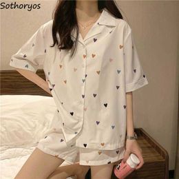 Pyjama Sets Women Thin Breathable Heart-print Sleepwear BF Sweet Girls Comfy Loose Lounge Wear Leisure Ins Stylish New Pyjamas X0526