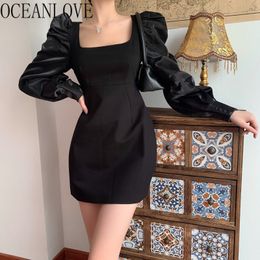 Evening Party Dresses Black Solud Puff Sleeve Bodycon Retro Spring Woman Dress Ins High Waist Femme Robe 19523 210415