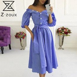 Women Dress V Neck Puff Sleeve Striped Long es Single Breasted Bow Lace Up Vintage High Waist Sexy es 210524