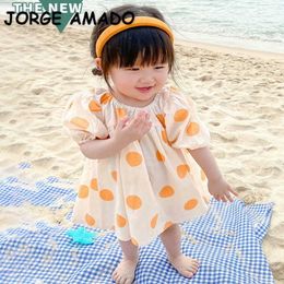 Summer Kids Girls Dress Pink Orange Polka Dot Short Puff Sleeves Back Bow Princess Dresses Children Clothes E5011 210610