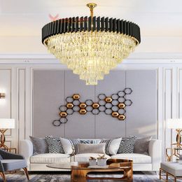 Modern Crystal Chandelier Lights Lamps Gold Black Hanging Ceiling Round Lighting Fixtures Restaurant Dining Living Room Bedroom Pendant