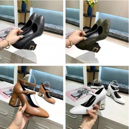 Womens leather designer high heels sexy thick heel horsehair metal buckle 6.5m dress shoes luxurys womens wedding dress letter Shoes Black 34-42 18-5