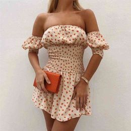 Foridol boho floral summer short dress women off shoulder bohemian puff sleeve beach holiday dress tunic elatic flower dress 210415